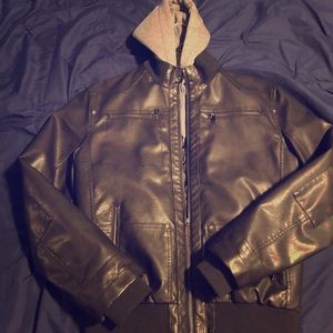 Faux leather zip up jacket with hoodie WORN TWICE